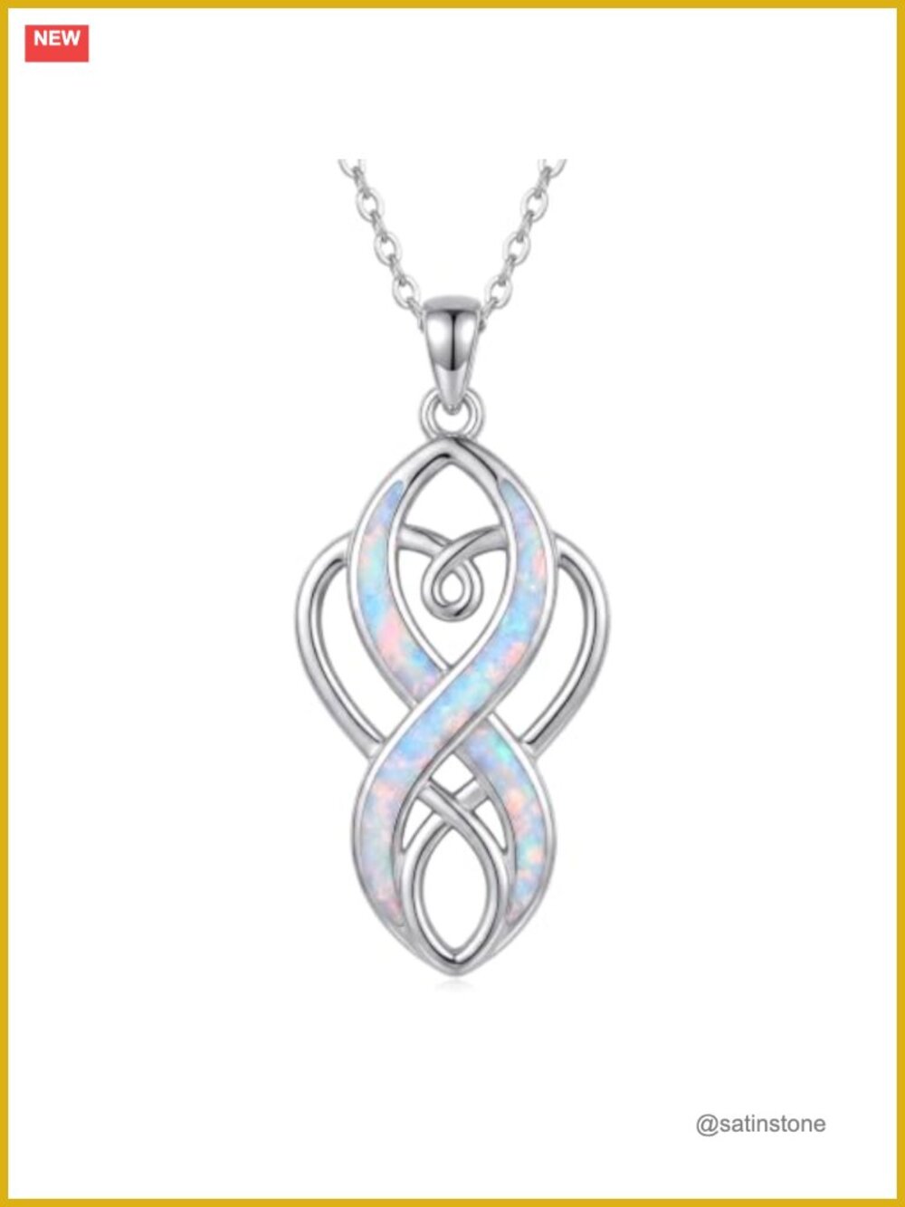 Opal Celtic Knot Pendant Necklace White Gold Plated Irish Jewelry